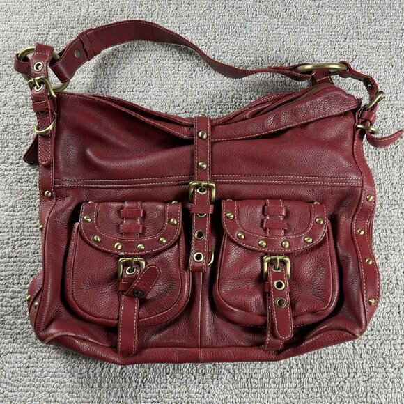 Luce Studded Genuine Leather Hand Bag Messenger Bag Red - Picture 1 of 6